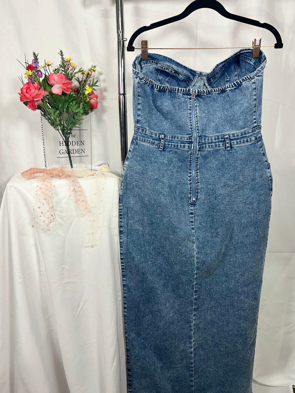 Denim Strapless Maxi Dress With Slit