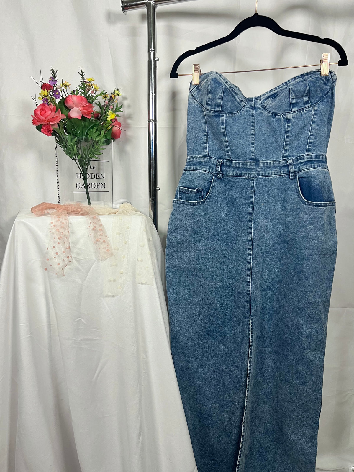 Denim Strapless Maxi Dress With Slit