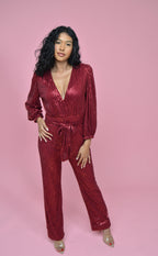Deep Red Sequin Lined Elegant Jumpsuit