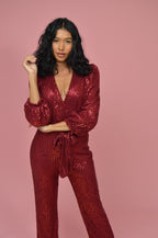 Deep Red Sequin Lined Elegant Jumpsuit
