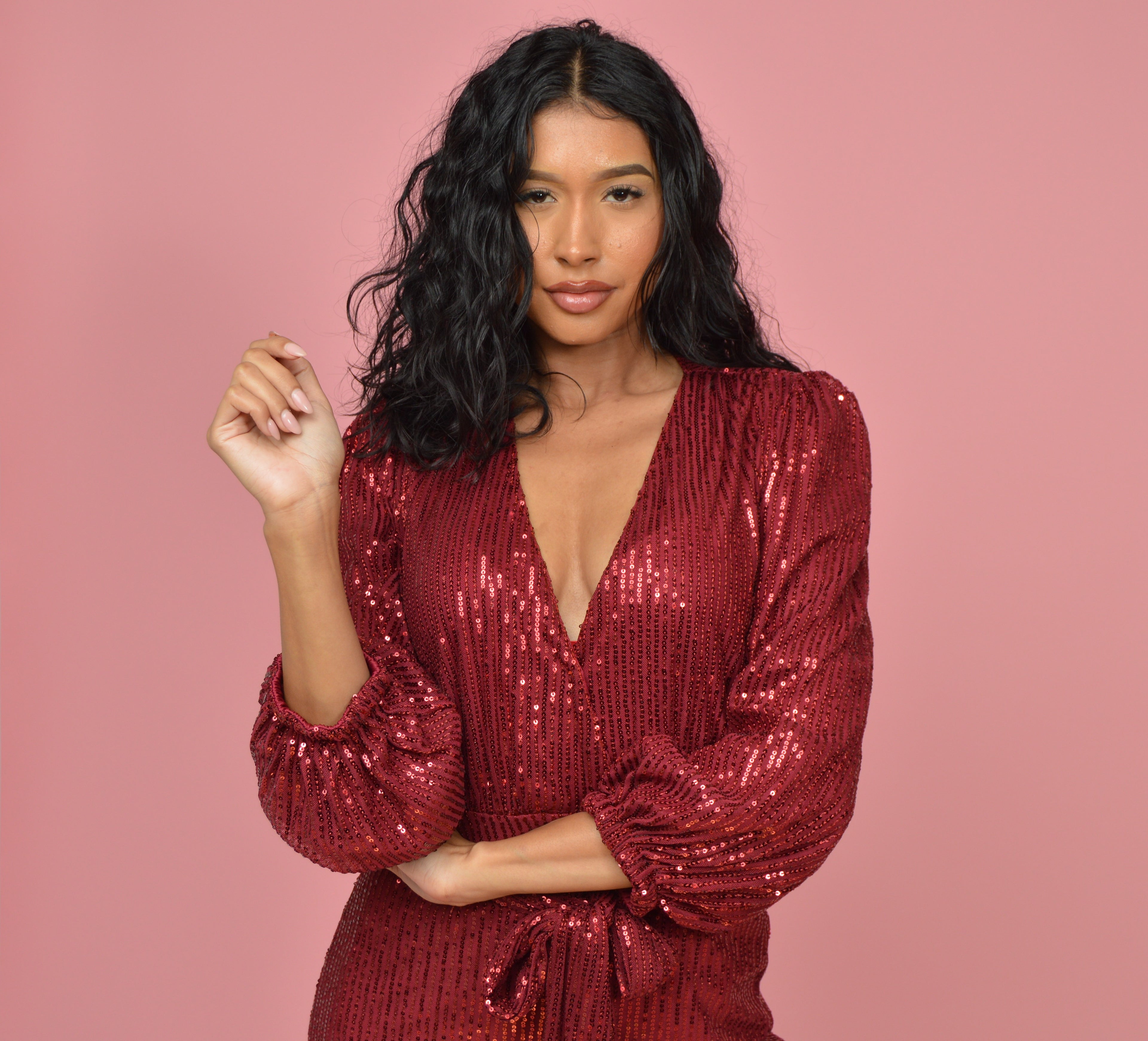 Deep Red Sequin Lined Elegant Jumpsuit