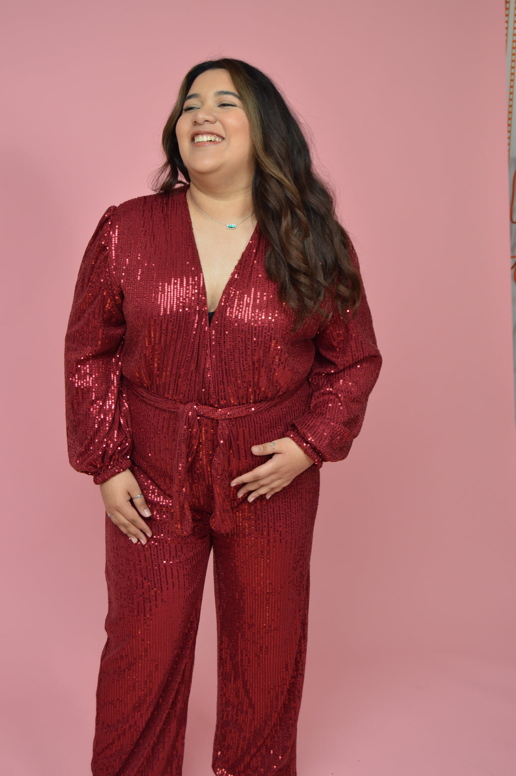 Deep Red Sequin Lined Elegant Jumpsuit