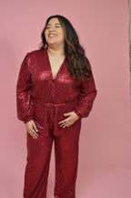 Deep Red Sequin Lined Elegant Jumpsuit