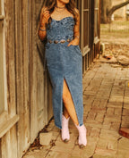 Denim Strapless Maxi Dress With Slit